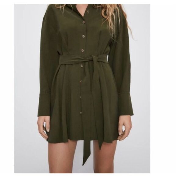 Zara army green button down shirt dress with tie waist size medium - Picture 1 of 8